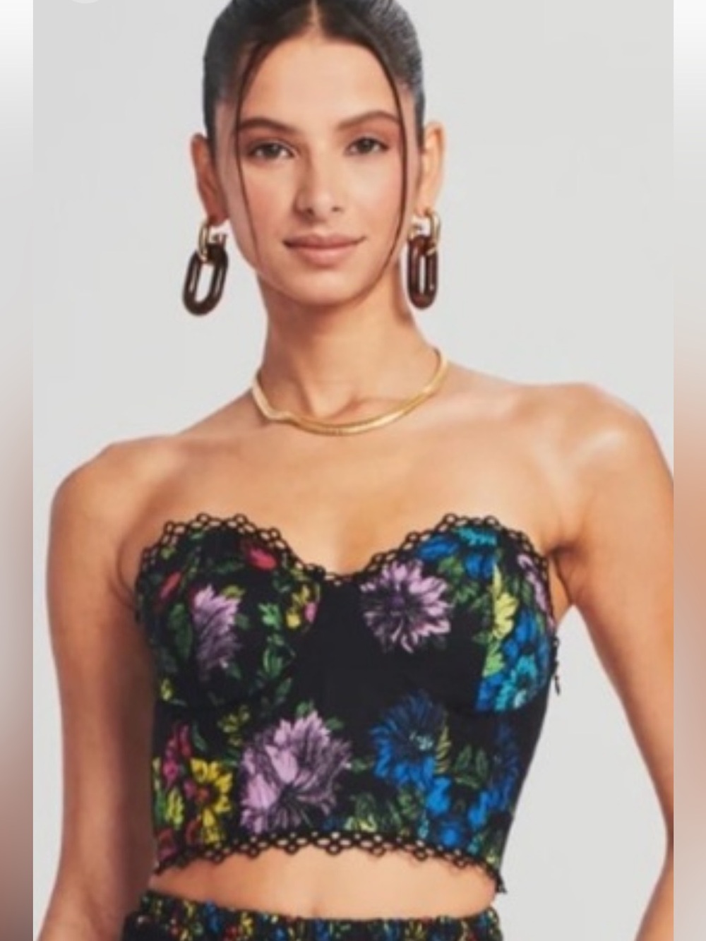 Charo Ruiz Strapless Floral Lace Crop Top - Black with Multicolor Floral